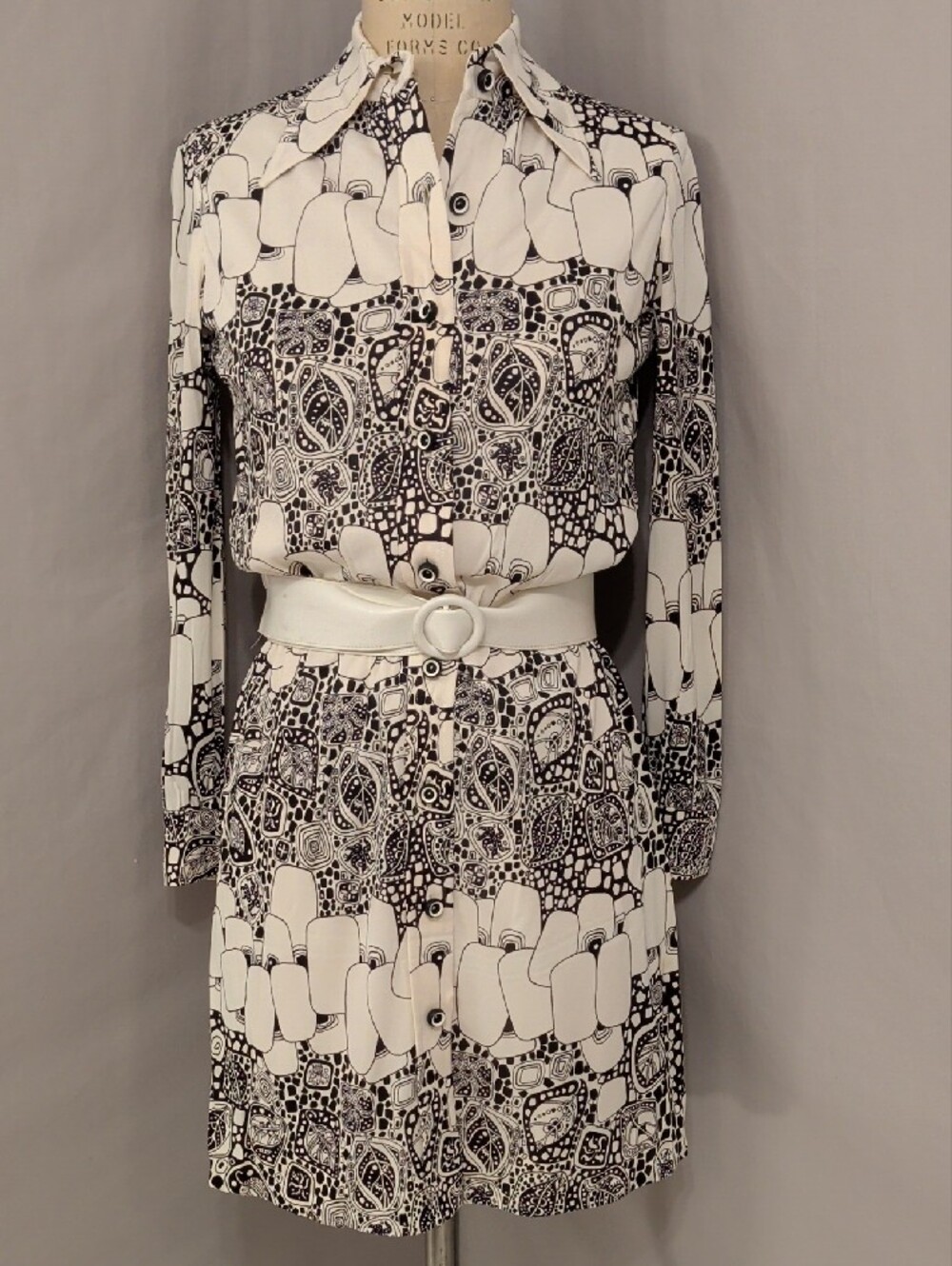 True Vintage Leo Narducci Mod 70s Black & White Long Sleeve Shirt Dress Not Perf - Picture 7 of 16